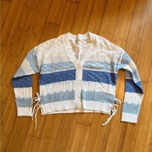 Francesca's Collections Cream and Blue Knit Cardigan with Bow Tie Accents